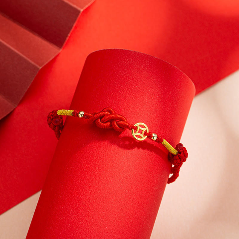Braided Red String Bracelet with Copper Chinese Coin and Endless Knot
