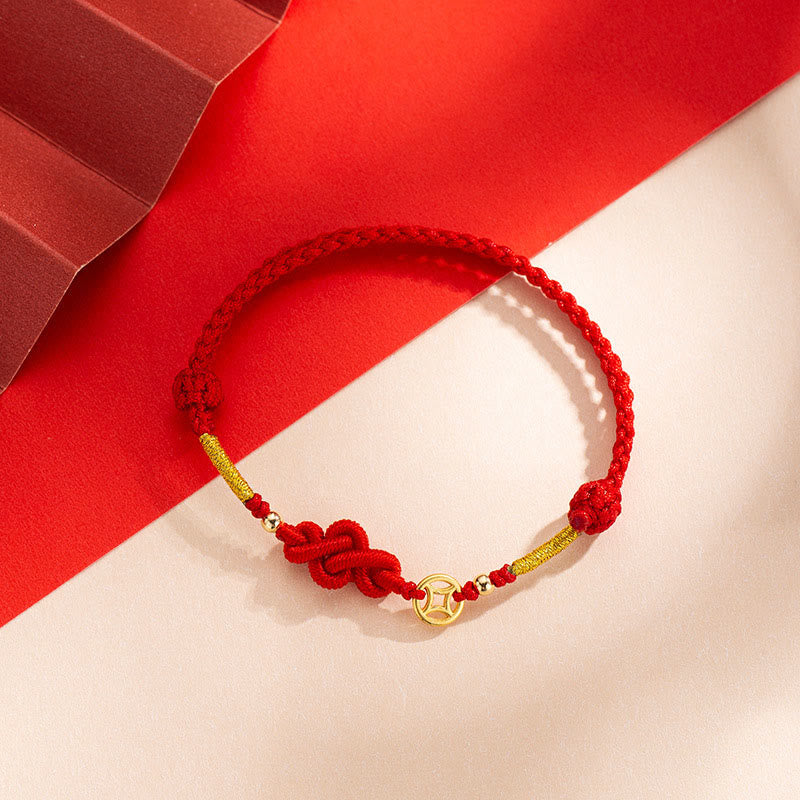 Braided Red String Bracelet with Copper Chinese Coin and Endless Knot