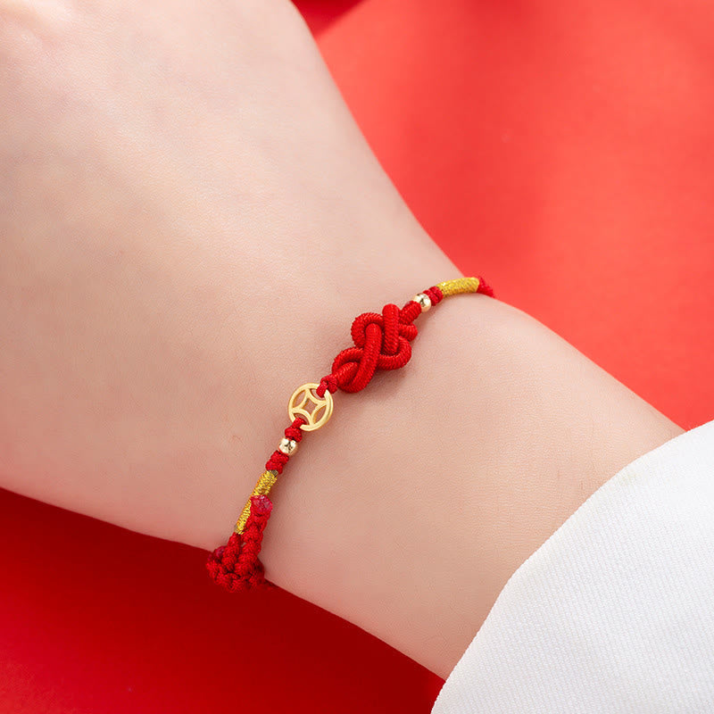Braided Red String Bracelet with Copper Chinese Coin and Endless Knot