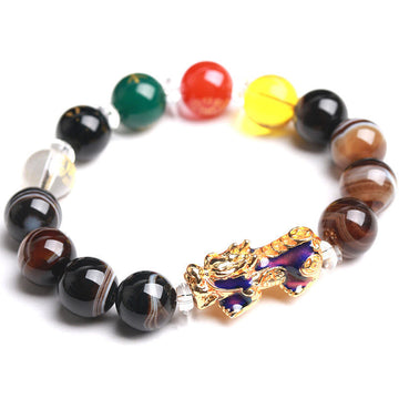 Sardonyx Agate Five Elements Color-Changing Pixiu Gold & Copper Beaded Bracelet