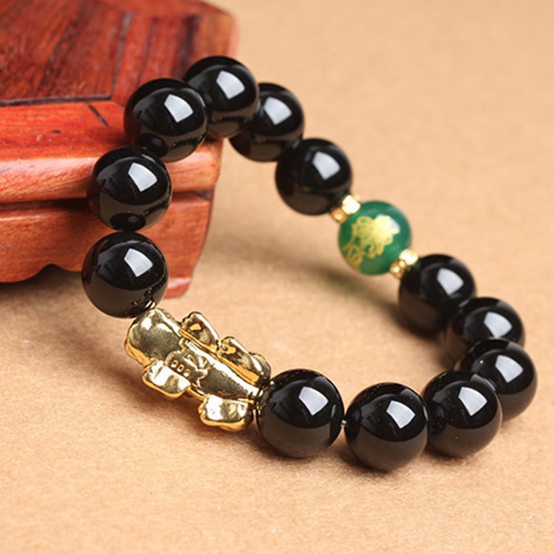 Handmade Green Agate and Gold Copper Pixiu Black Onyx Beaded Bracelet