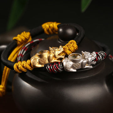 Adjustable Gold & Copper Pixiu Hand-woven Rope Bracelet