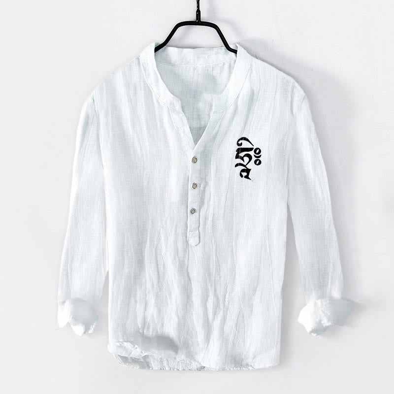 Tactile Cotton Linen Mandala Print Stand Collar Men's Shirt