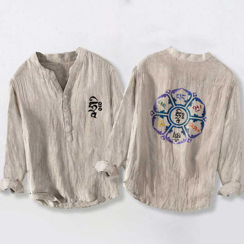 Tactile Cotton Linen Mandala Print Stand Collar Men's Shirt