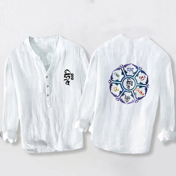 Tactile Cotton Linen Mandala Print Stand Collar Men's Shirt