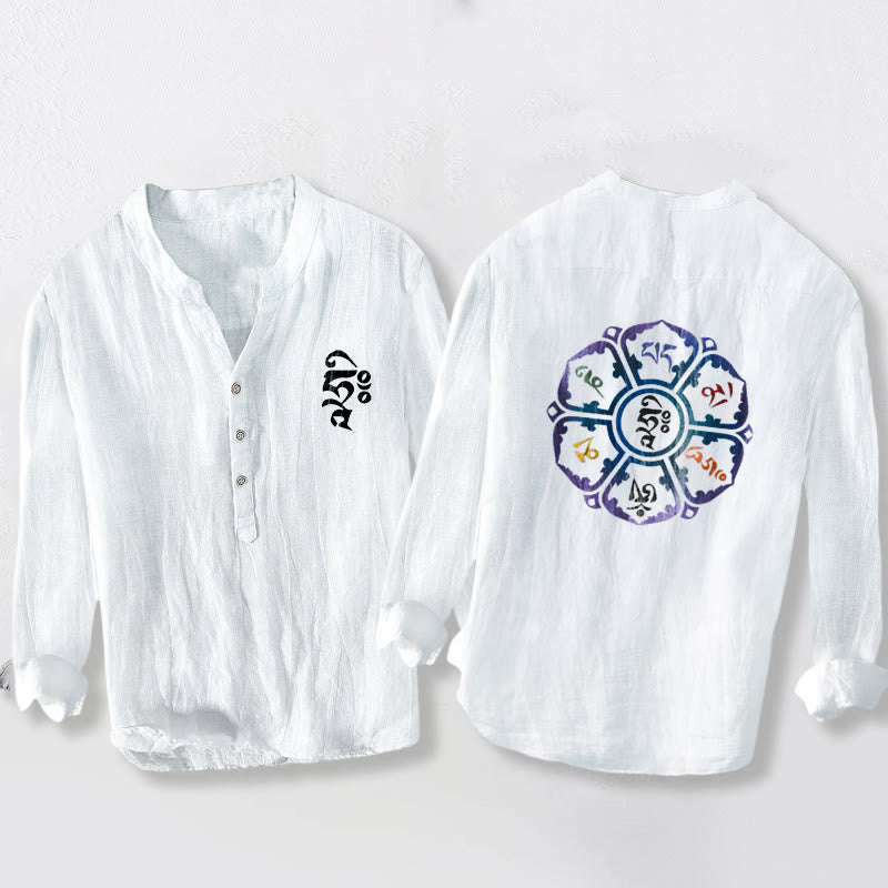 Tactile Cotton Linen Mandala Print Stand Collar Men's Shirt