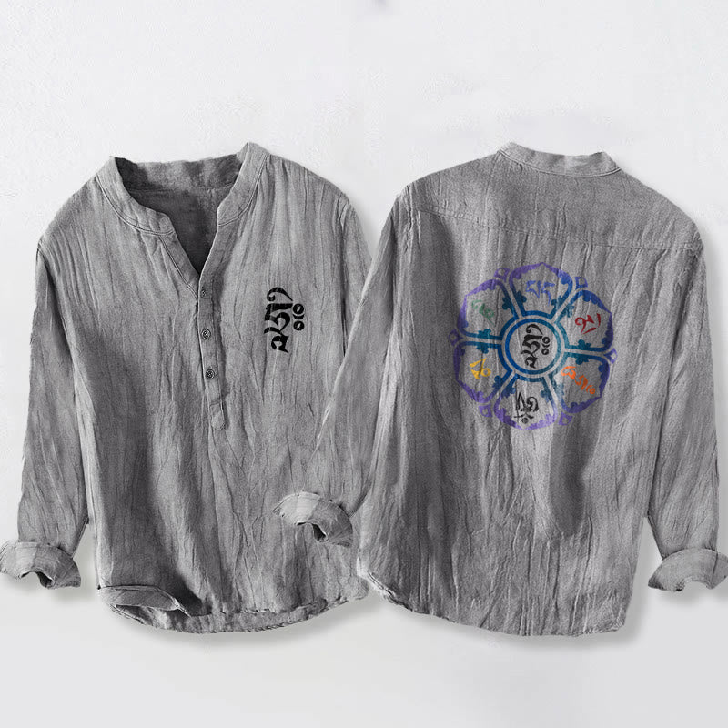 Tactile Cotton Linen Mandala Print Stand Collar Men's Shirt