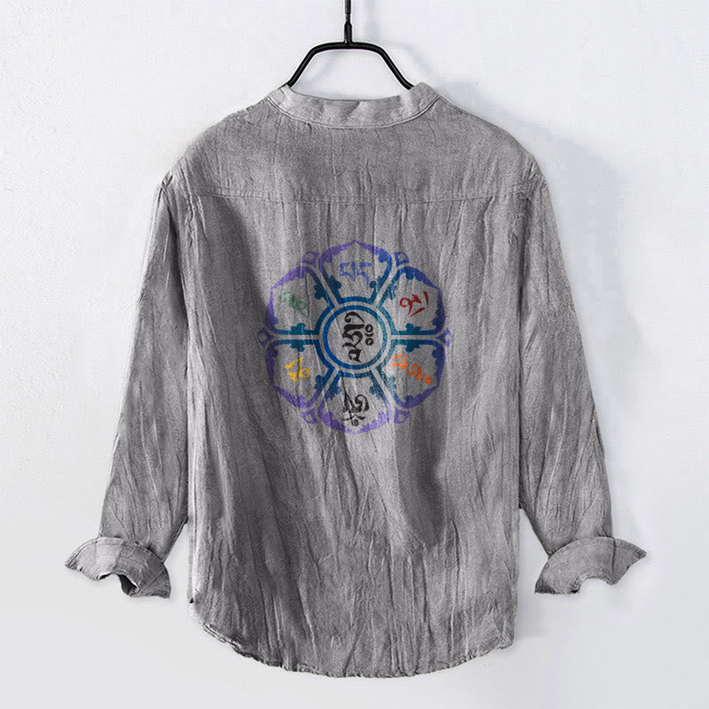 Tactile Cotton Linen Mandala Print Stand Collar Men's Shirt