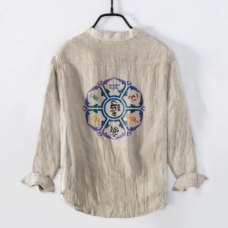 Tactile Cotton Linen Mandala Print Stand Collar Men's Shirt