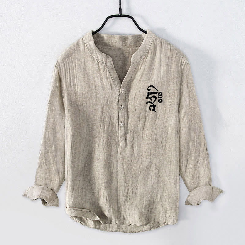 Tactile Cotton Linen Mandala Print Stand Collar Men's Shirt