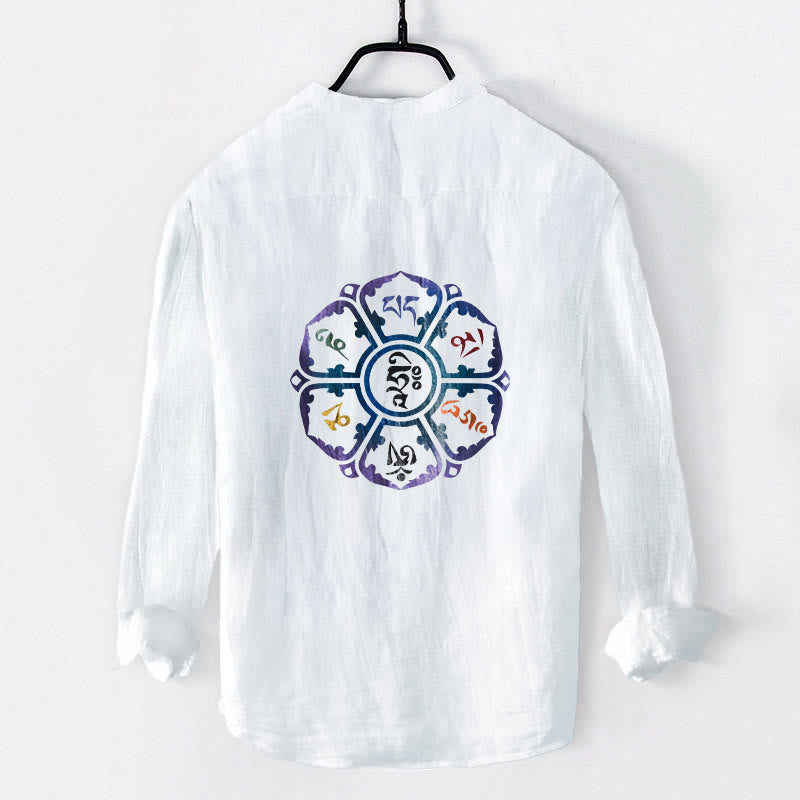 Tactile Cotton Linen Mandala Print Stand Collar Men's Shirt