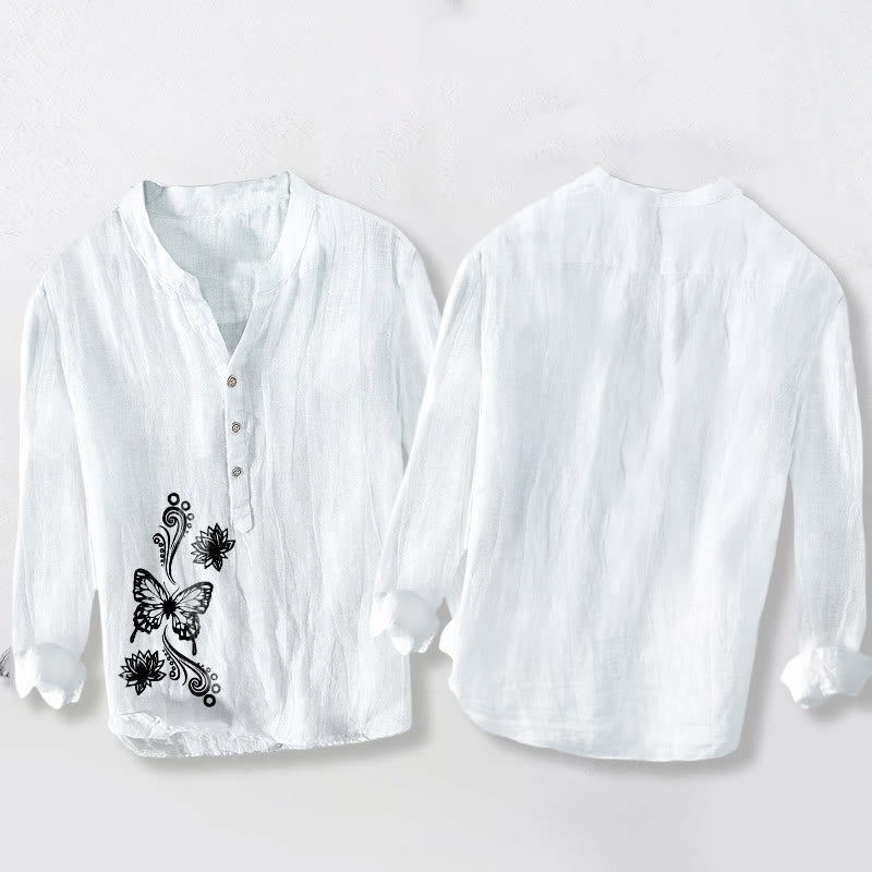 Tactile Cotton Linen Lotus Print Mindful Meditation Men's Shirt