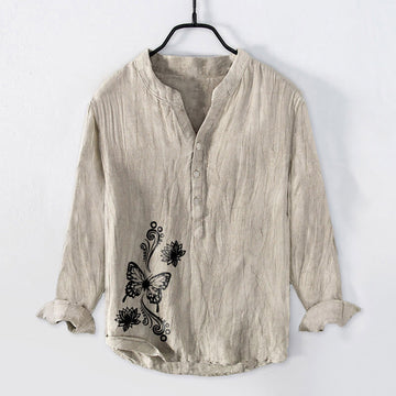 Tactile Cotton Linen Lotus Print Mindful Meditation Men's Shirt