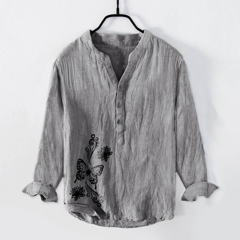 Tactile Cotton Linen Lotus Print Mindful Meditation Men's Shirt