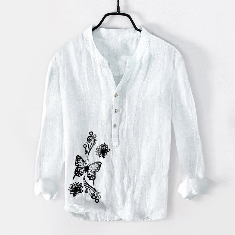 Tactile Cotton Linen Lotus Print Mindful Meditation Men's Shirt