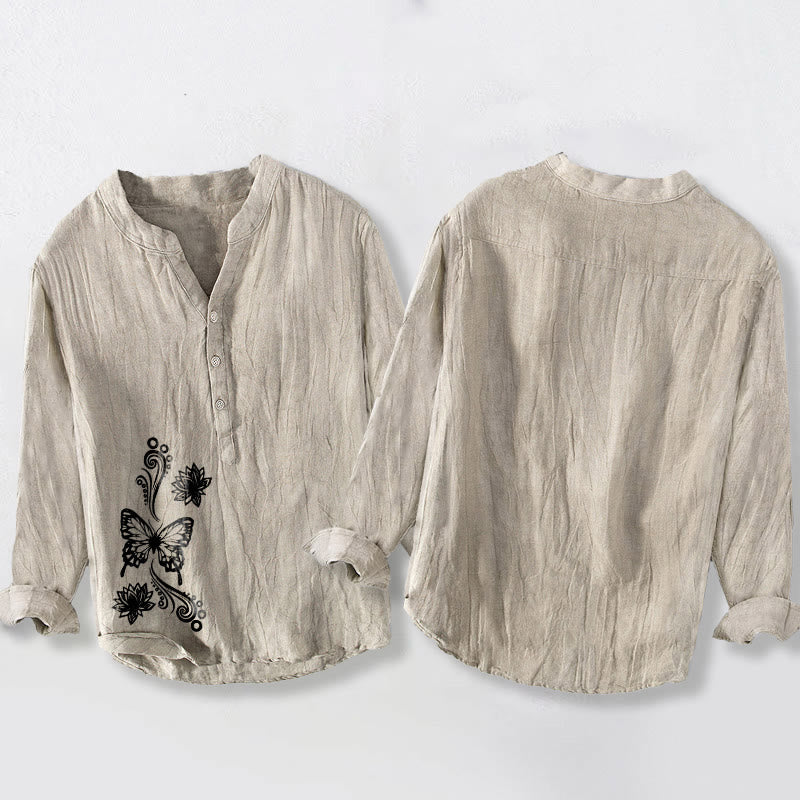 Tactile Cotton Linen Lotus Print Mindful Meditation Men's Shirt
