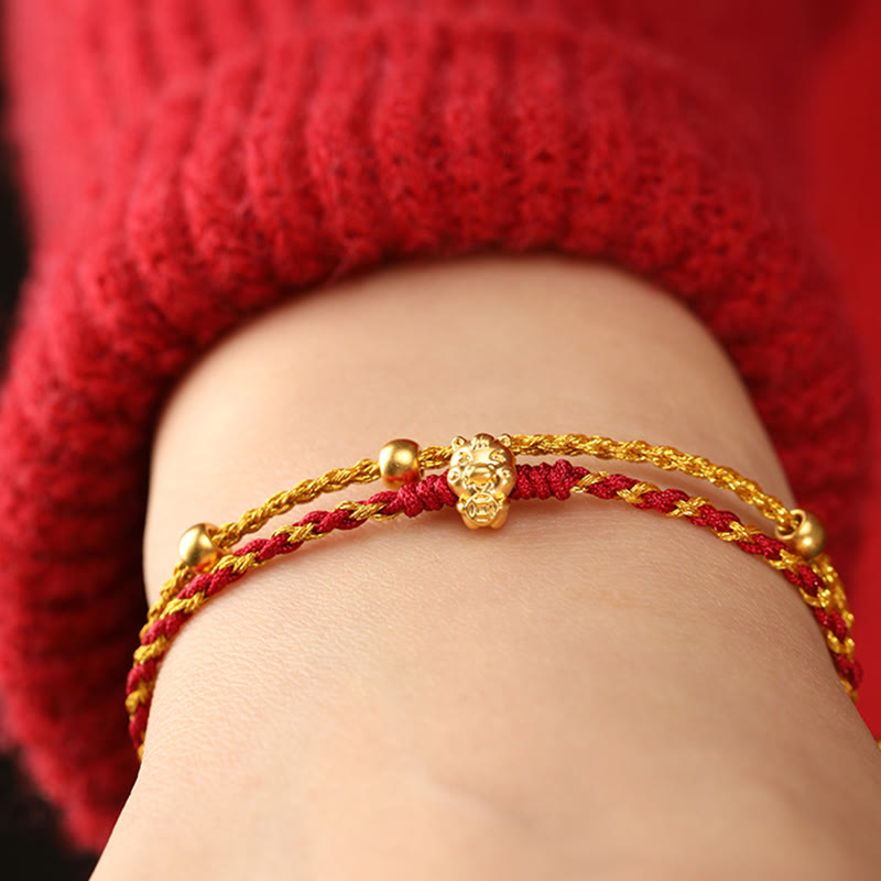999 Gold Year of the Horse Double Wrap Red String Bracelet
