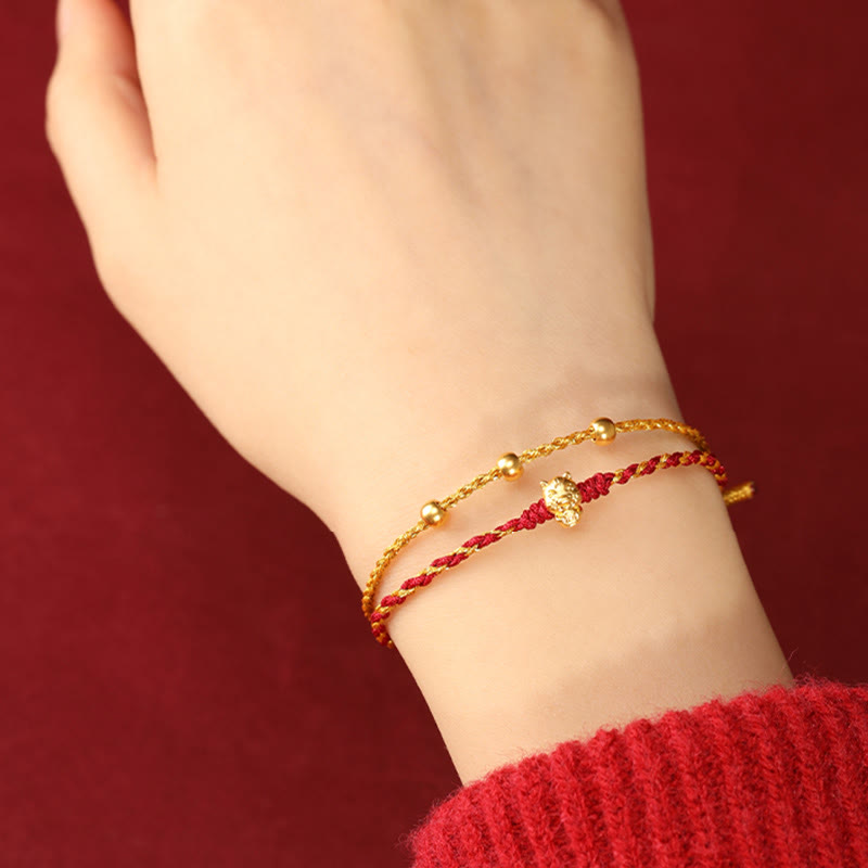 999 Gold Year of the Horse Double Wrap Red String Bracelet