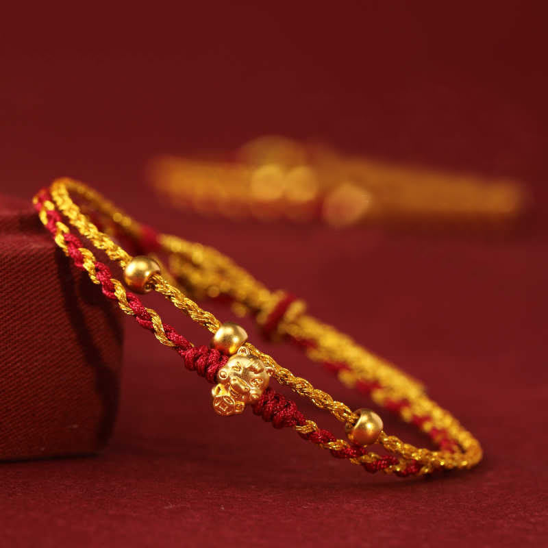 999 Gold Year of the Horse Double Wrap Red String Bracelet