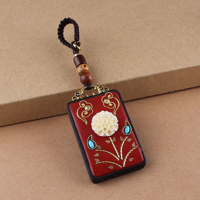 Hand-Carved Ebony Wood Red String Keyring with Symbolic Motifs
