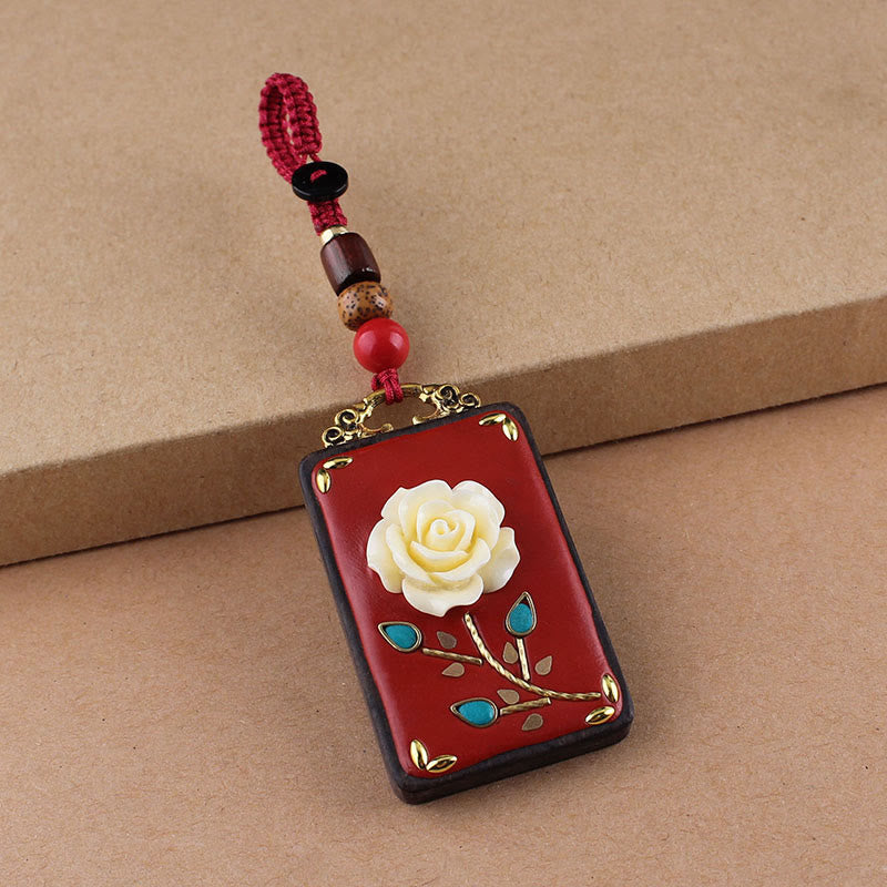 Hand-Carved Ebony Wood Red String Keyring with Symbolic Motifs