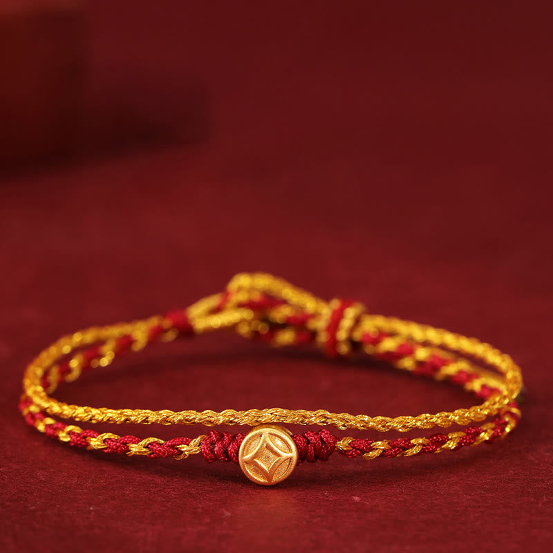 999 Gold & Copper Coin Double Wrap Braided Red String Bracelet