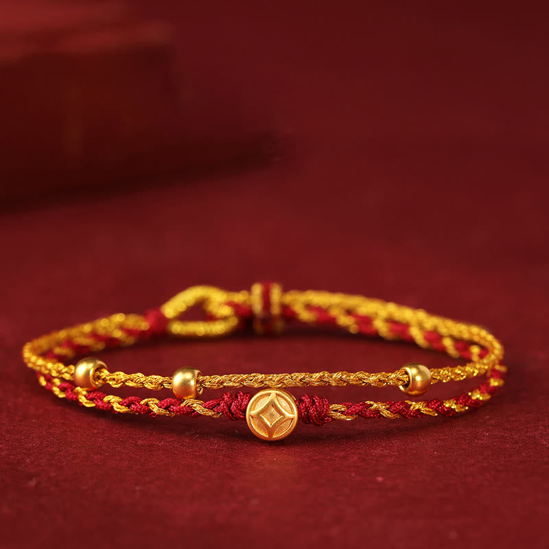 999 Gold & Copper Coin Double Wrap Braided Red String Bracelet