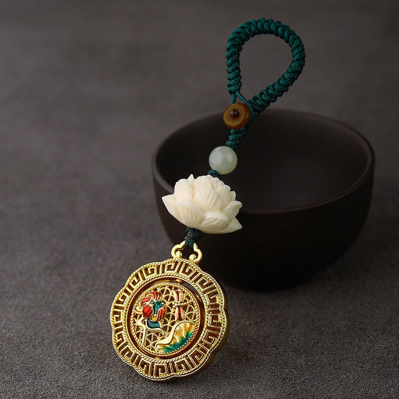 Rotatable Hetian Jade & Bodhi Seed Lotus Copper Peace Keychain