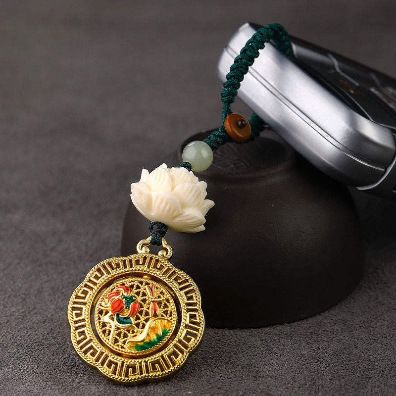 Rotatable Hetian Jade & Bodhi Seed Lotus Copper Peace Keychain