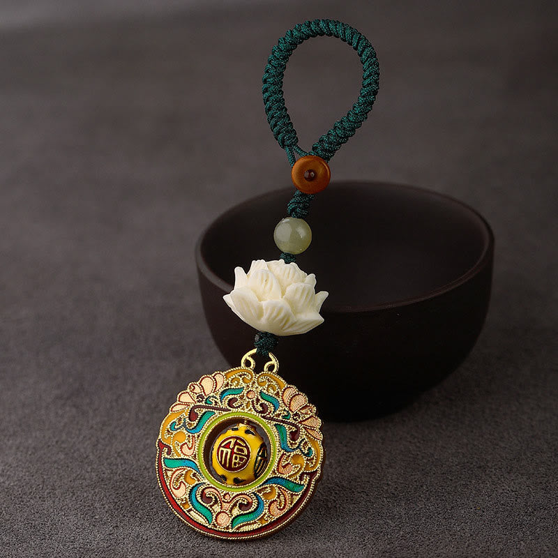 Rotatable Hetian Jade & Bodhi Seed Lotus Copper Peace Keychain