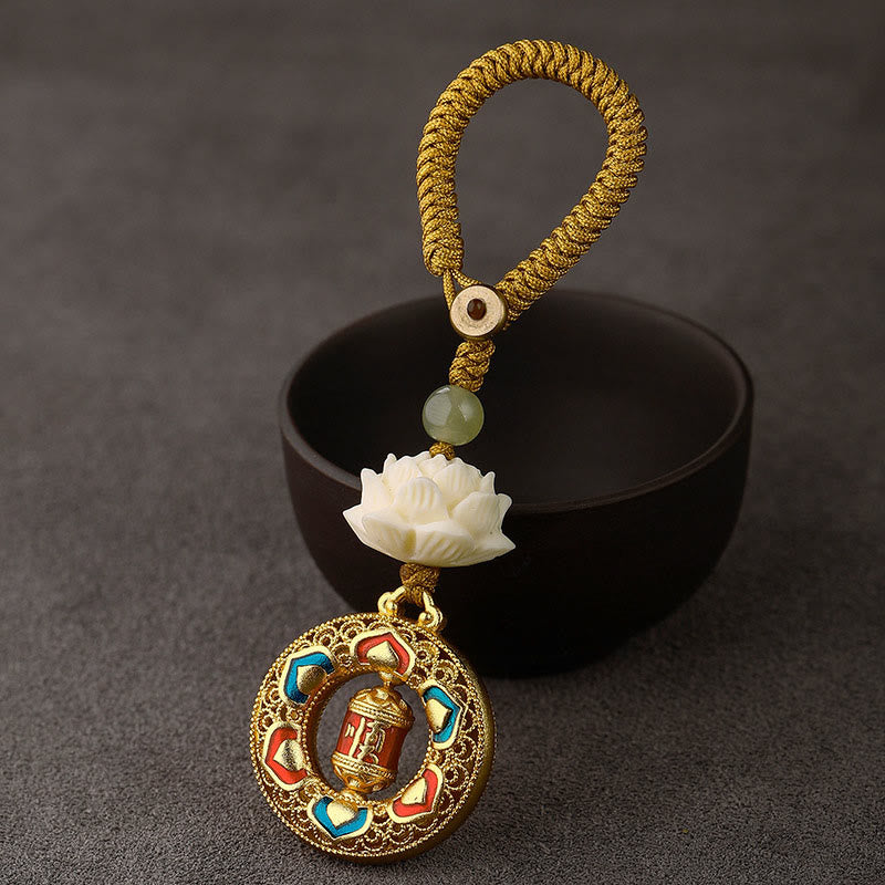 Rotatable Hetian Jade & Bodhi Seed Lotus Copper Peace Keychain