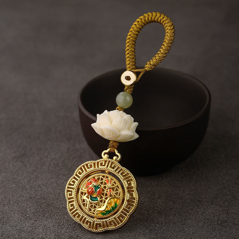 Rotatable Hetian Jade & Bodhi Seed Lotus Copper Peace Keychain