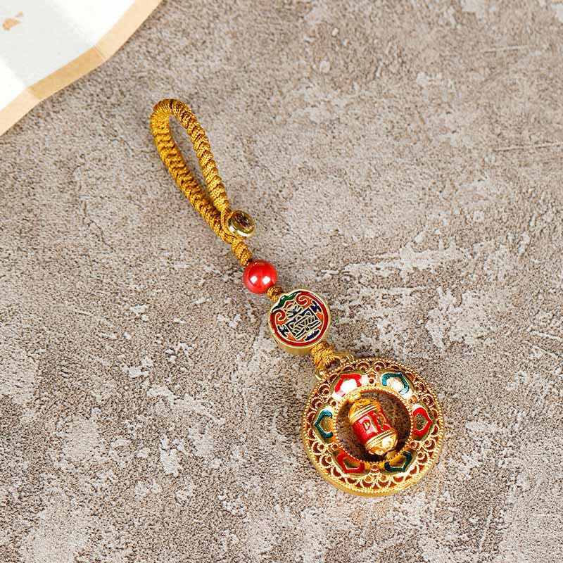 Rotatable Copper & Gold Prayer Wheel Traditional Mindfulness Keychain
