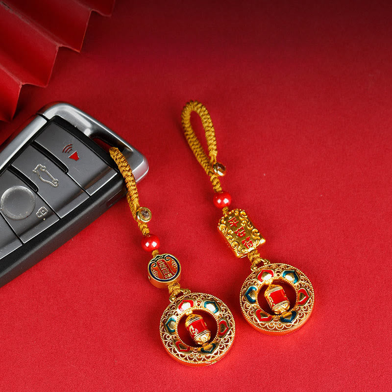 Rotatable Copper & Gold Prayer Wheel Traditional Mindfulness Keychain