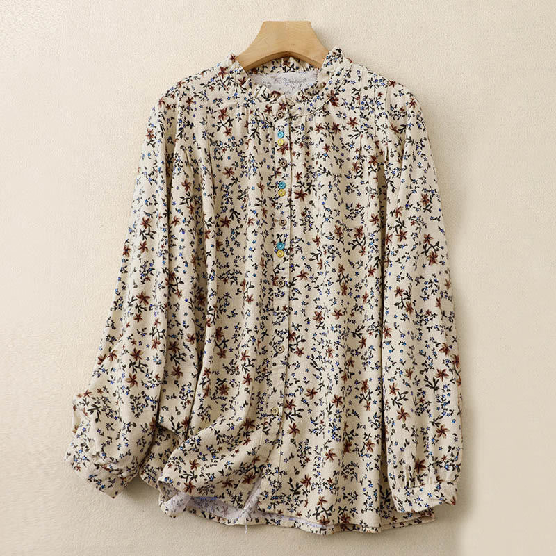 Tactile Cotton Floral Stand Collar Meditation Shirt