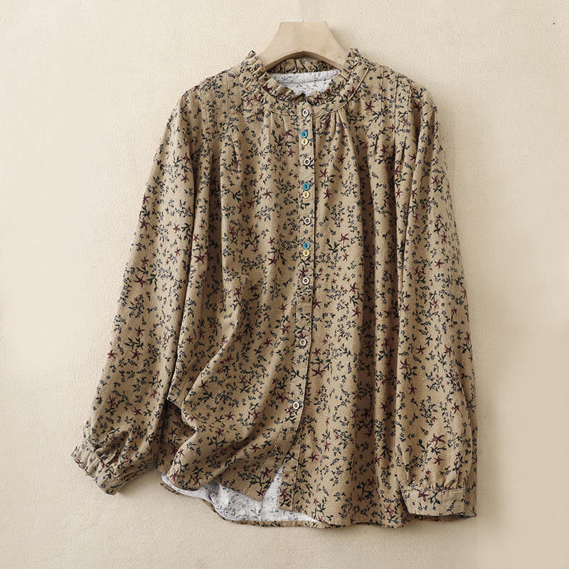 Tactile Cotton Floral Stand Collar Meditation Shirt