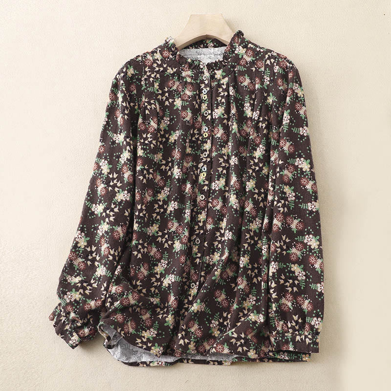 Tactile Cotton Floral Stand Collar Meditation Shirt