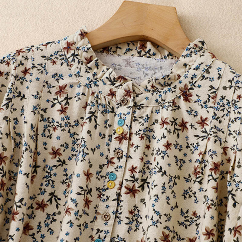 Tactile Cotton Floral Stand Collar Meditation Shirt