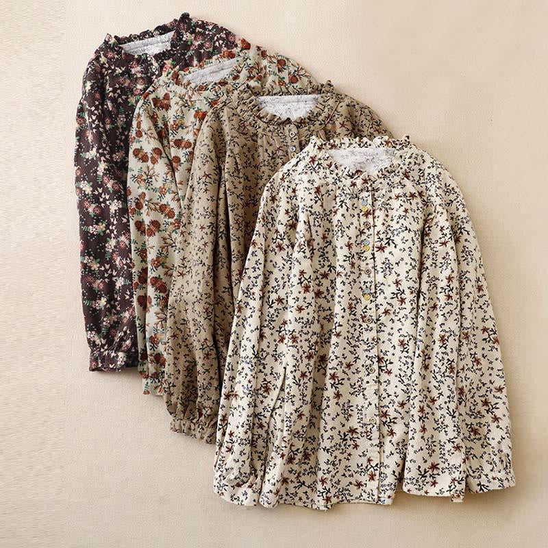 Tactile Cotton Floral Stand Collar Meditation Shirt