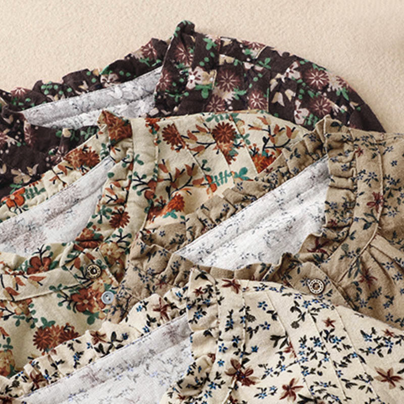 Tactile Cotton Floral Stand Collar Meditation Shirt