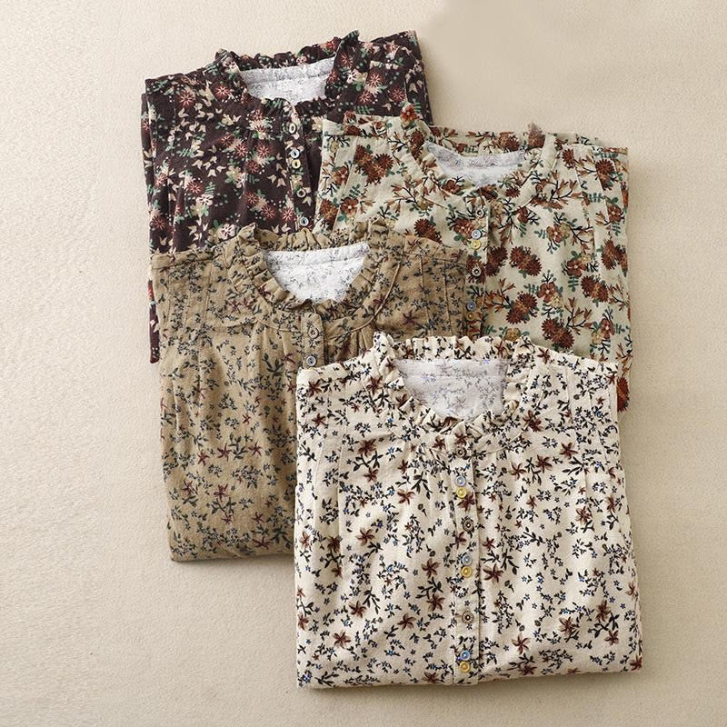 Tactile Cotton Floral Stand Collar Meditation Shirt