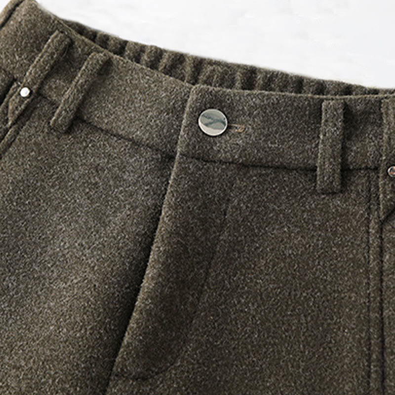 Plain Button Cotton Thick Wool Women's Wide Leg Pants With Pockets