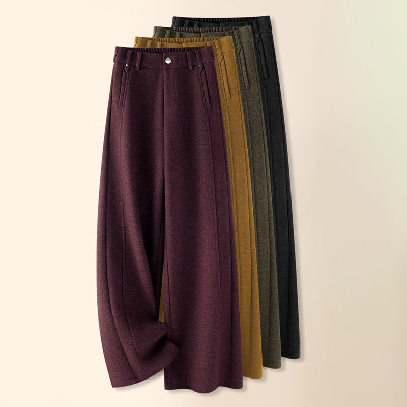 Plain Button Cotton Thick Wool Women's Wide Leg Pants With Pockets