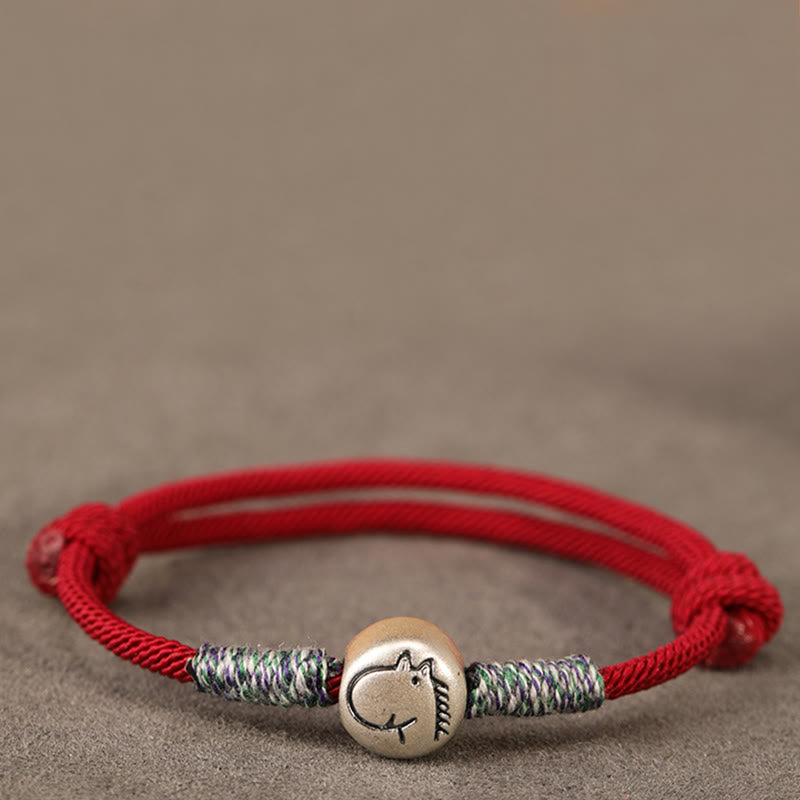 999 Sterling Silver Chinese Zodiac Horse Braided Red String Bracelet