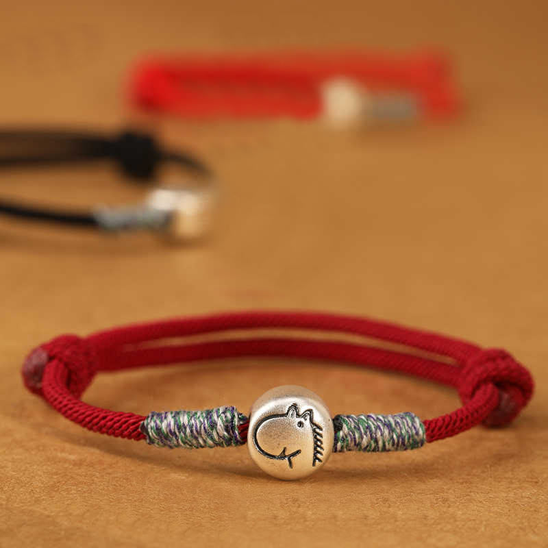 999 Sterling Silver Chinese Zodiac Horse Braided Red String Bracelet