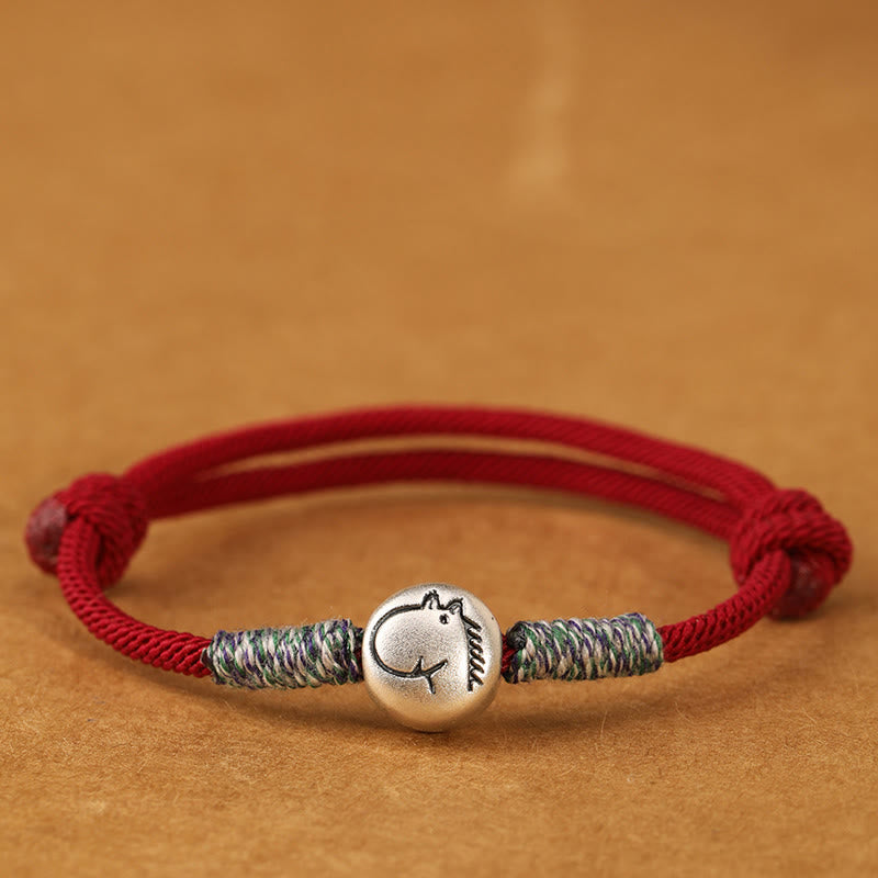 999 Sterling Silver Chinese Zodiac Horse Braided Red String Bracelet