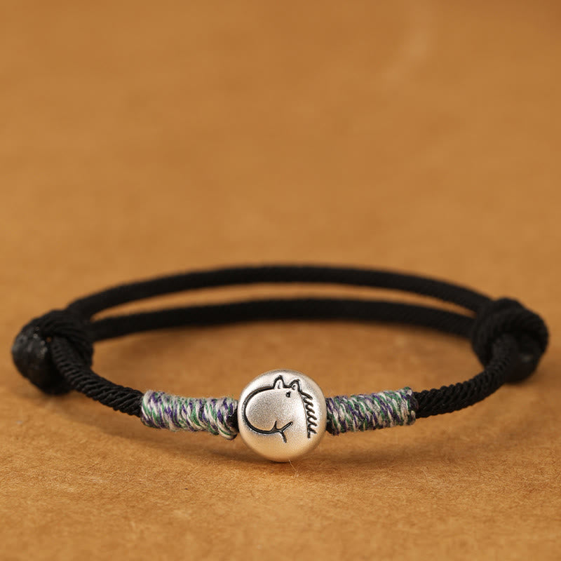 999 Sterling Silver Chinese Zodiac Horse Braided Red String Bracelet