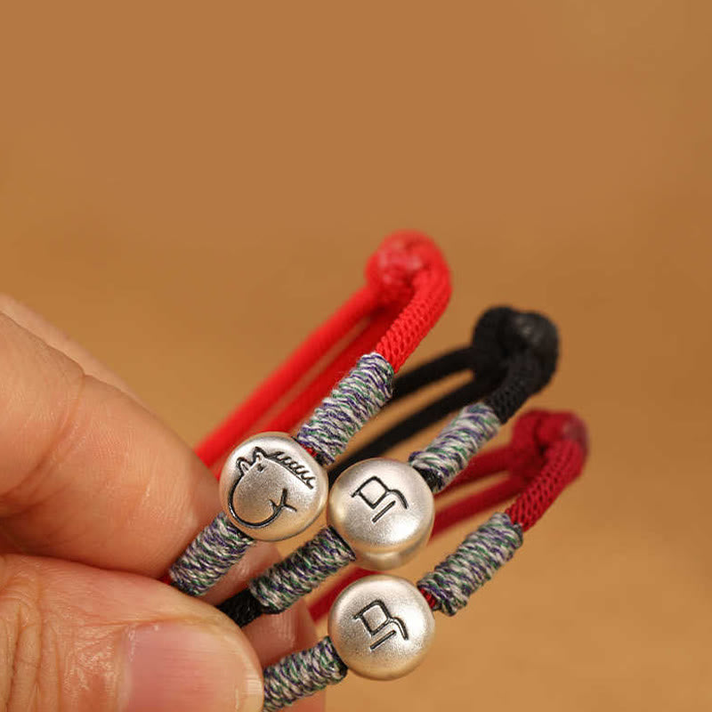 999 Sterling Silver Chinese Zodiac Horse Braided Red String Bracelet