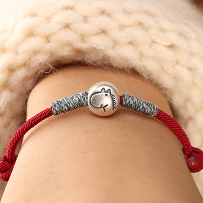 999 Sterling Silver Chinese Zodiac Horse Braided Red String Bracelet