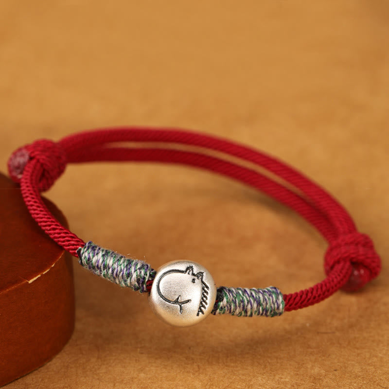 999 Sterling Silver Chinese Zodiac Horse Braided Red String Bracelet